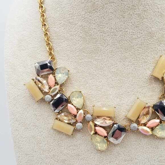 J Crew Gold, Tan, Gray, Pink Iridescent Crystal Statement Necklace - Picture 9 of 11